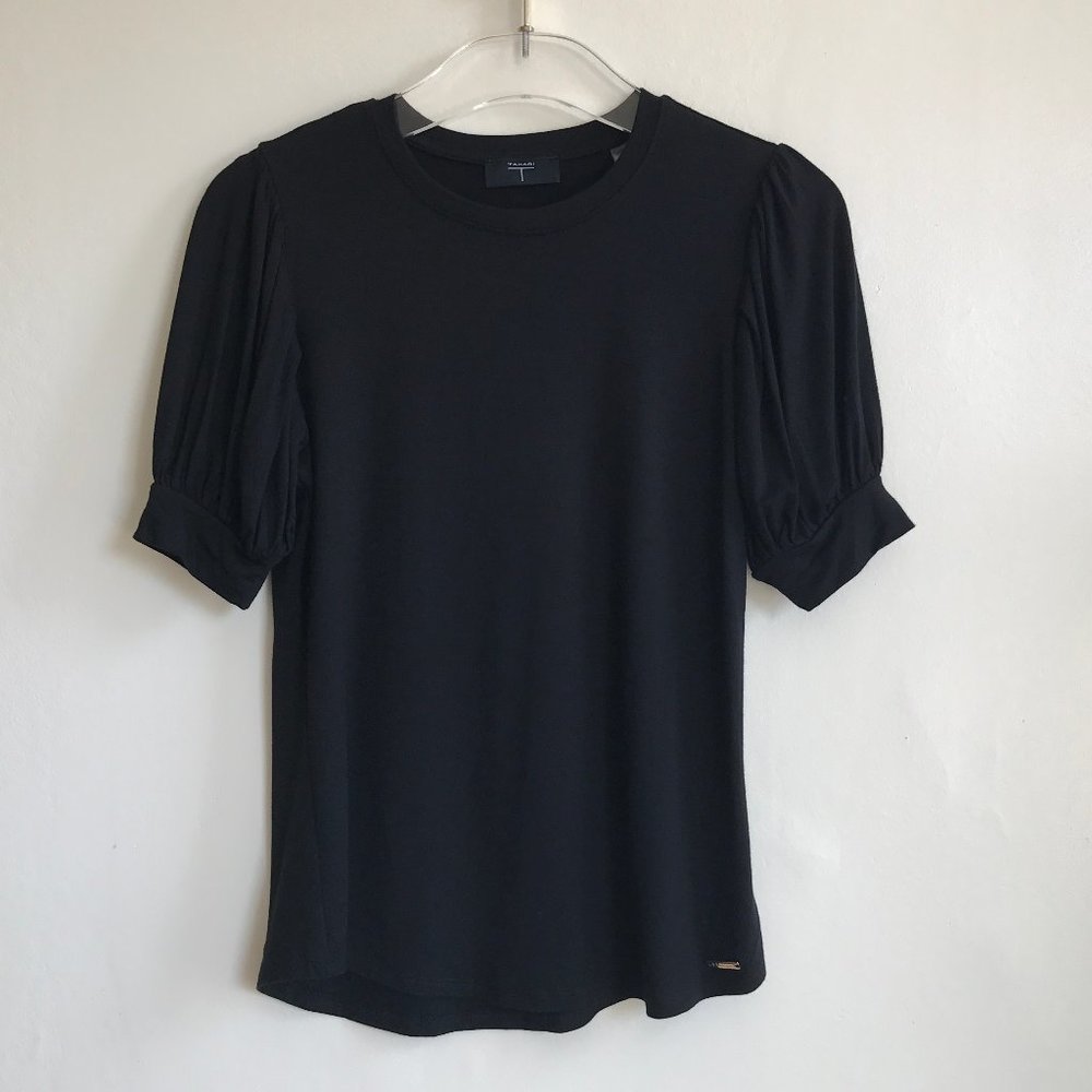 Tahari Pleated Short Balloon Sleeve Black Top 2 XS
